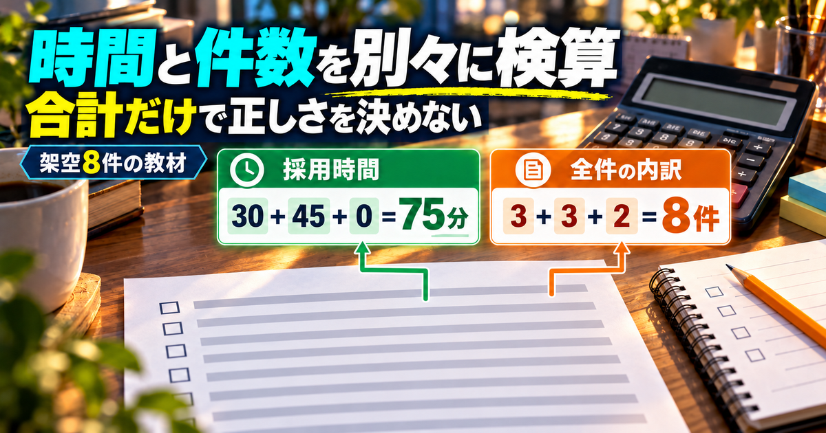 採用時間30と45と0で75分、分類件数3と3と2で8件という検算図解