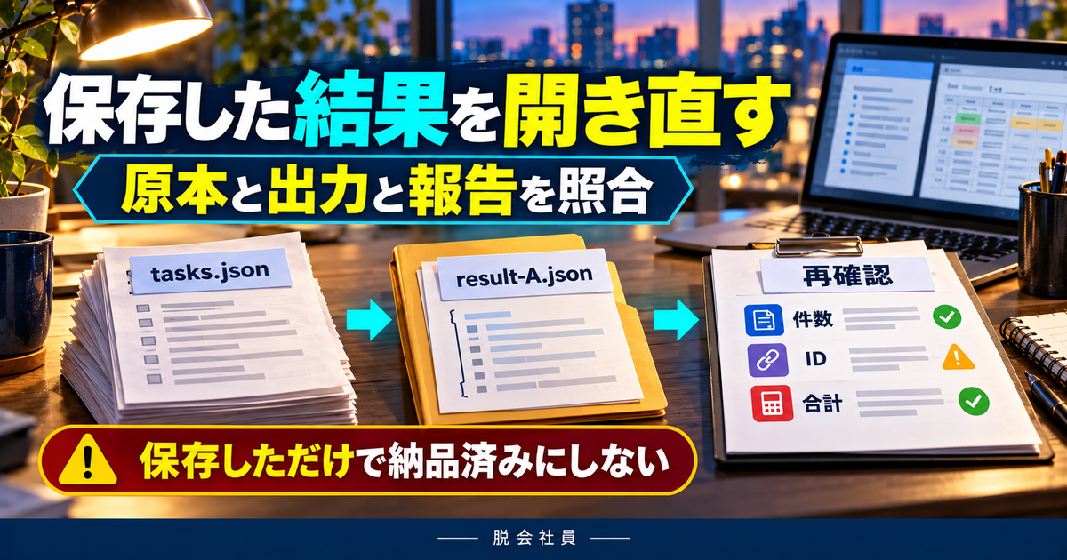 tasks.jsonからresult-A.jsonを保存し件数ID合計を再確認する図解