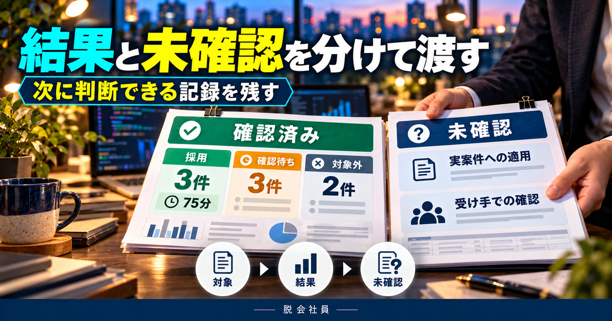 確認済みの分類結果と実案件や受け手での未確認を分ける引継ぎ図解