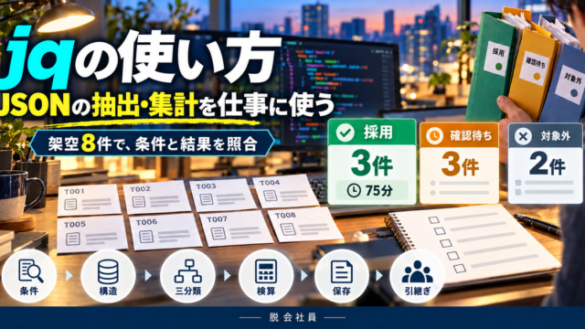 jqで架空8件を採用3件75分・確認待ち3件・対象外2件へ分ける写真調図解