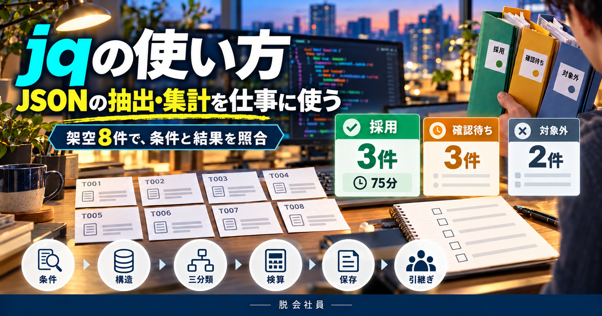 jqで架空8件を採用3件75分・確認待ち3件・対象外2件へ分ける写真調図解