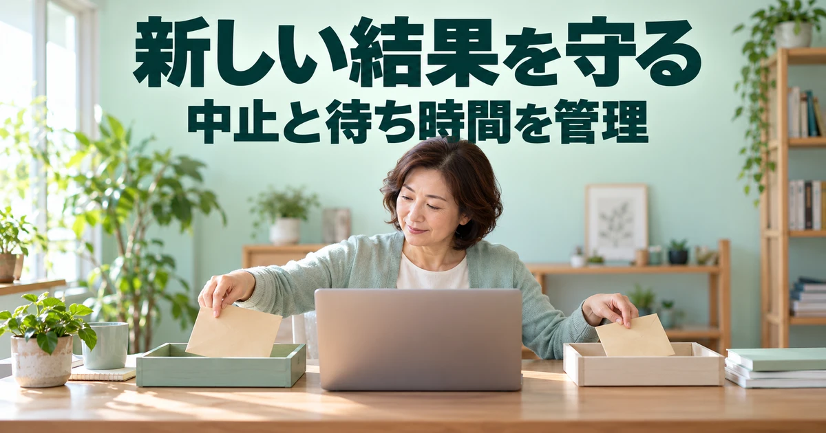 新しい依頼と古い結果を分けて管理する女性の説明用生成画像
