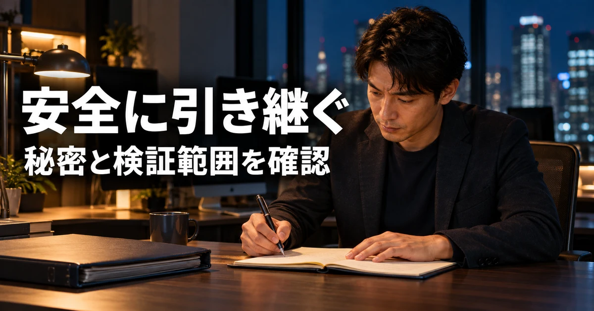 取得コードの検証範囲を記録して引き継ぐ男性の説明用生成画像