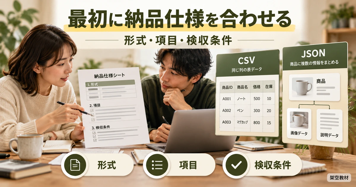 CSVとJSONの形式、必要な項目、検収条件を制作前にすり合わせる場面