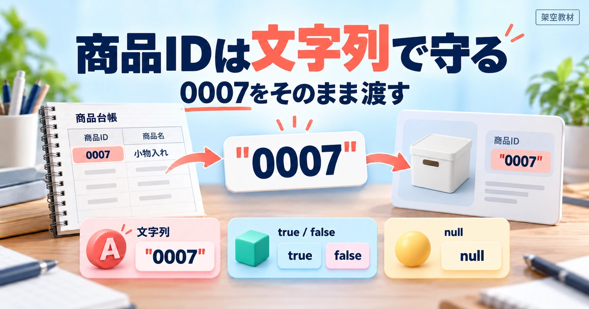 先頭ゼロを含む商品IDの0007を文字列で保持し、真偽値やnullと型を分ける図