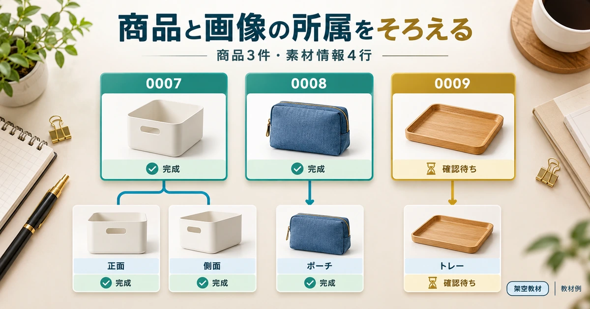 商品0007に画像情報2行、0008と0009に各1行を対応させる入れ子構造
