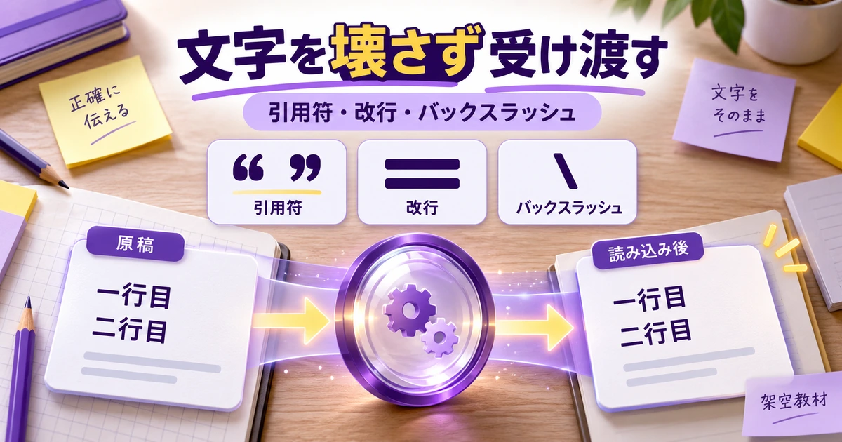 引用符・改行・バックスラッシュをJSONの表記と読み込み後の値で確認する図