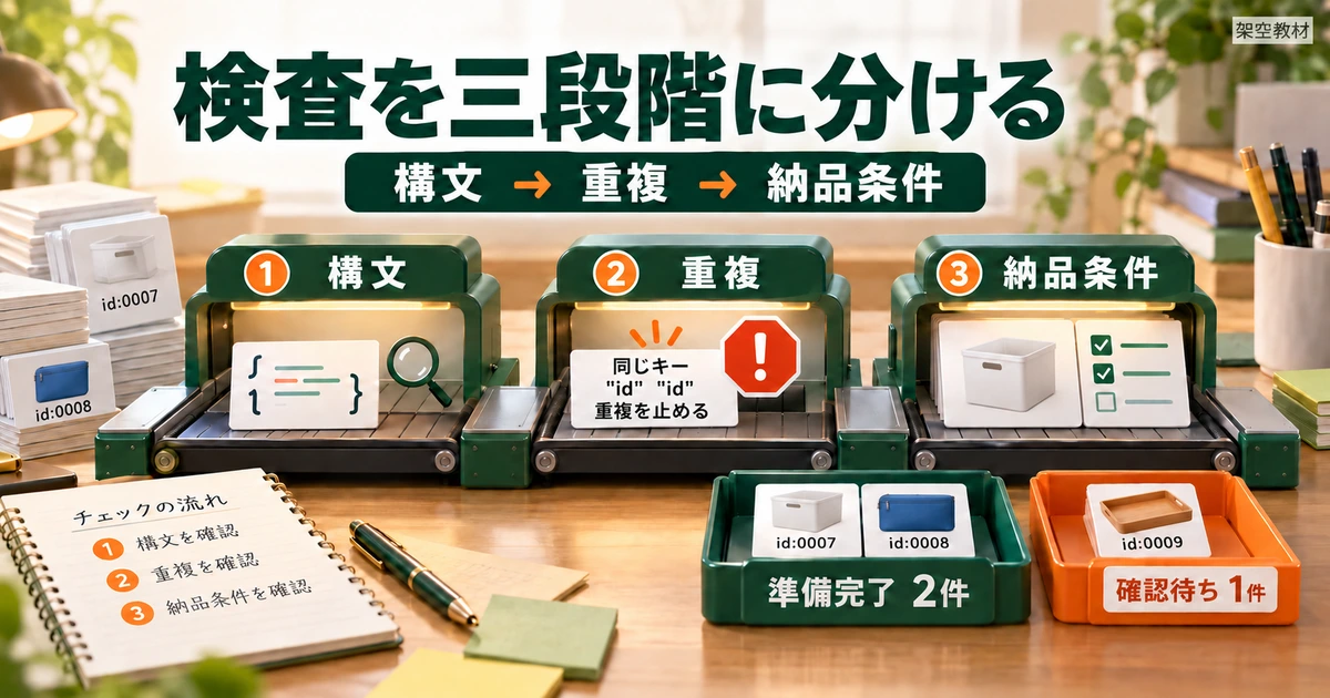 構文の確認、重複キーの検出、教材の納品条件の照合を分ける三段階の検査