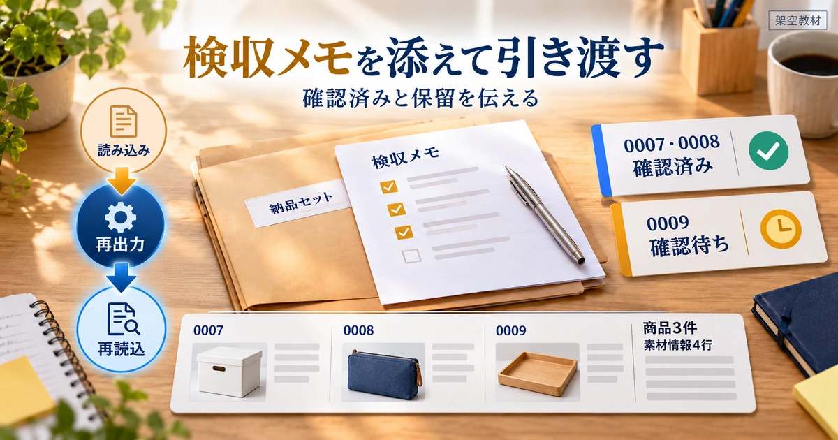 往復テストの結果と商品0009の確認待ちを検収メモに残して引き渡す図解
