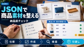 商品3件と画像素材情報4行を、仕様確認からJSON作成・検査・引き渡しへ進める図解