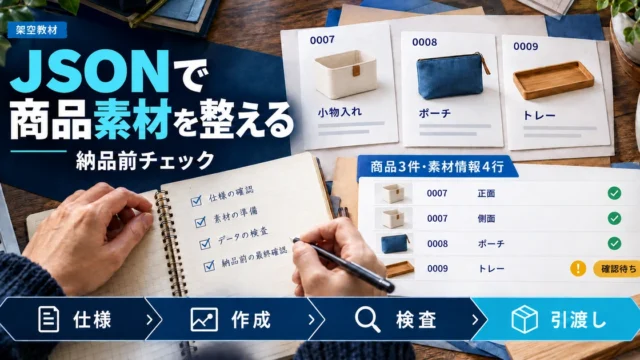 商品3件と画像素材情報4行を、仕様確認からJSON作成・検査・引き渡しへ進める図解