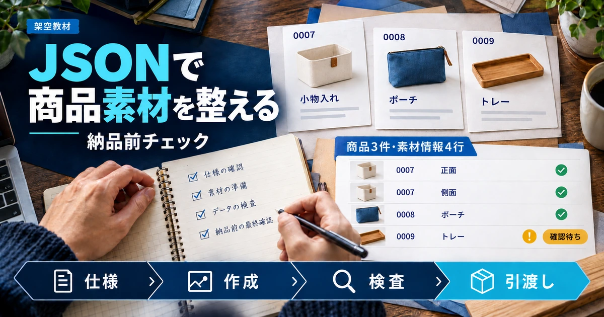 商品3件と画像素材情報4行を、仕様確認からJSON作成・検査・引き渡しへ進める図解