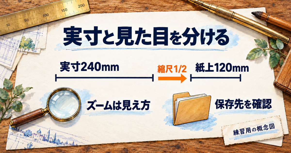 実寸240mmと縮尺1対2の紙上120mmを示し、画面ズームと寸法を区別する図