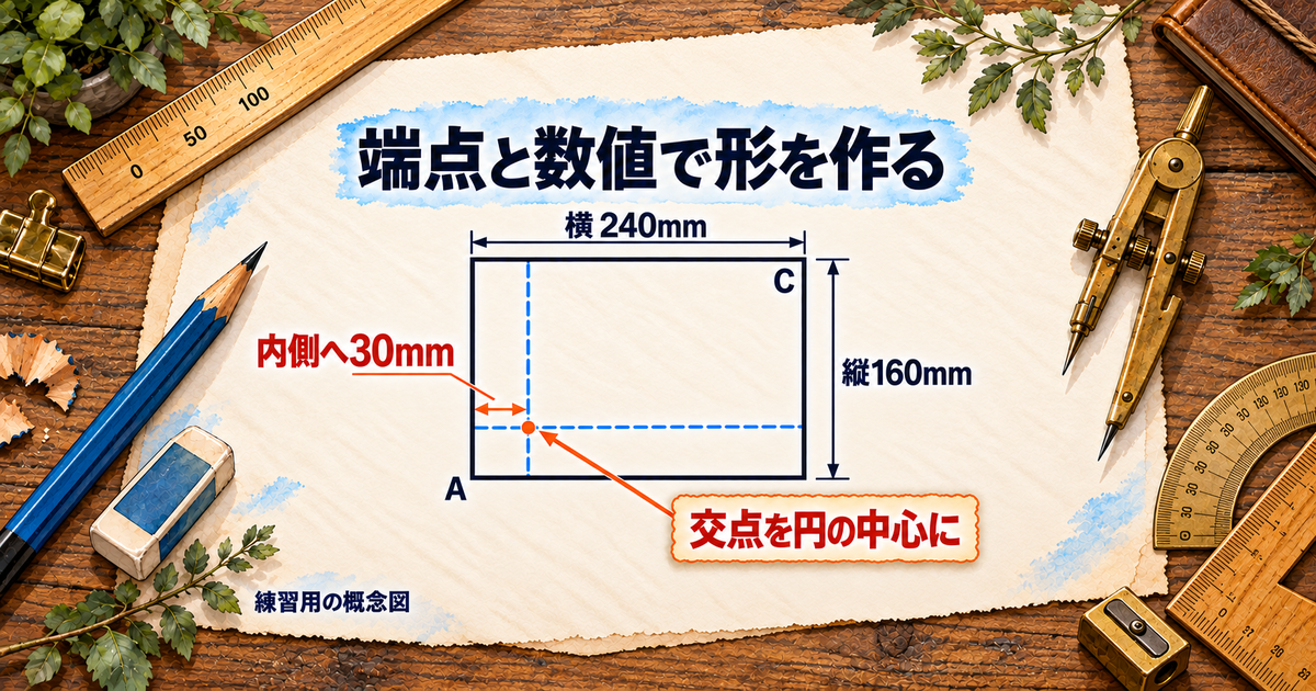 240×160mmの外形から30mm内側へ引いた基準線の交点へ最初の円中心を置くための図