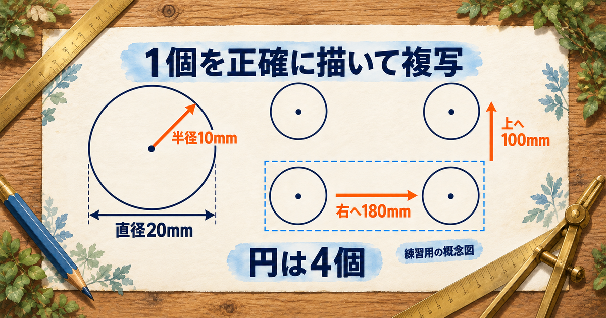 半径10mmの円を右へ180mm、上へ100mm複写して同じ大きさの4円にする図