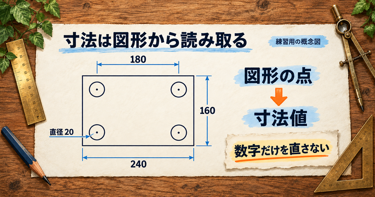 外形240×160mmと円の直径20mmを図形から読み取り、寸法として記す概念図