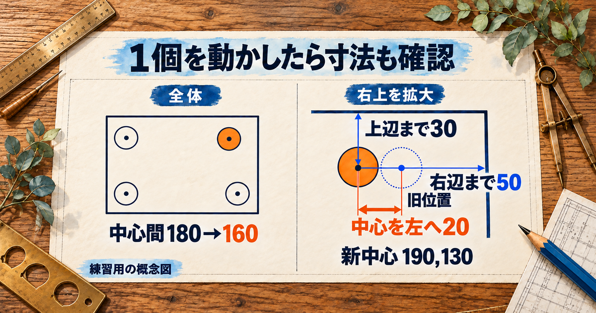 上段右の円中心を左へ20mm移した全体図と拡大図で、中心間隔160mm、右辺まで50mm、上辺まで30mmを確認する図