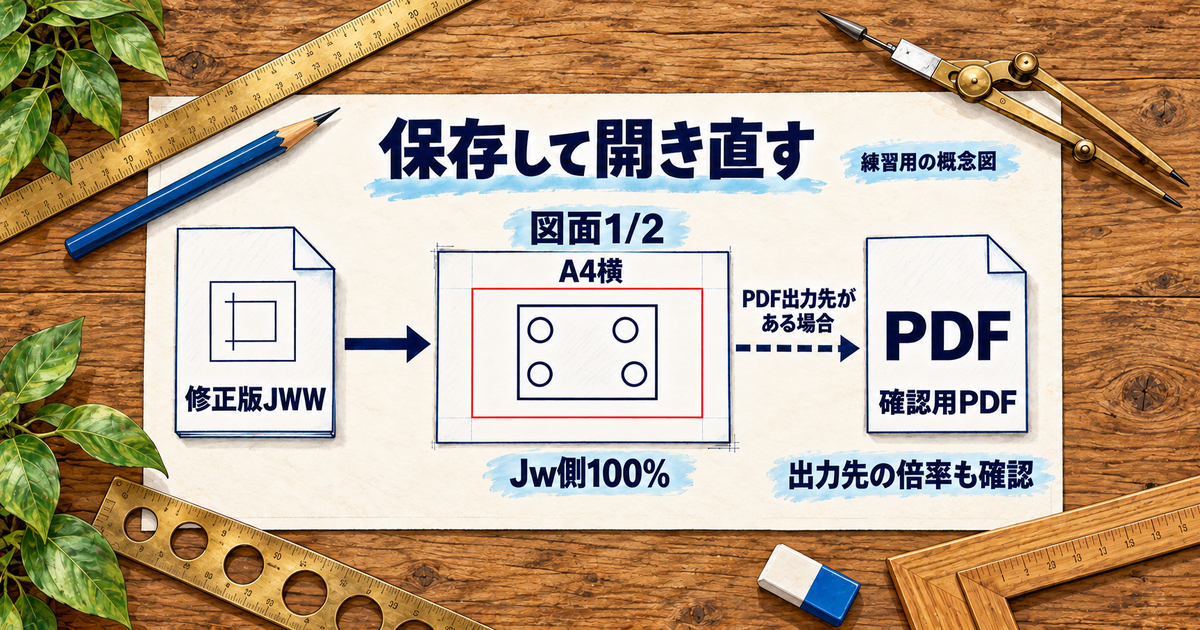 修正版JWWを開き直し、A4横の印刷範囲と倍率を確認して必要に応じPDFへ出す流れ