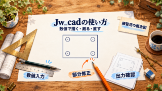 Jw_cadで四角形と4つの円を数値作図し、寸法確認と部分修正を学ぶ独自練習図