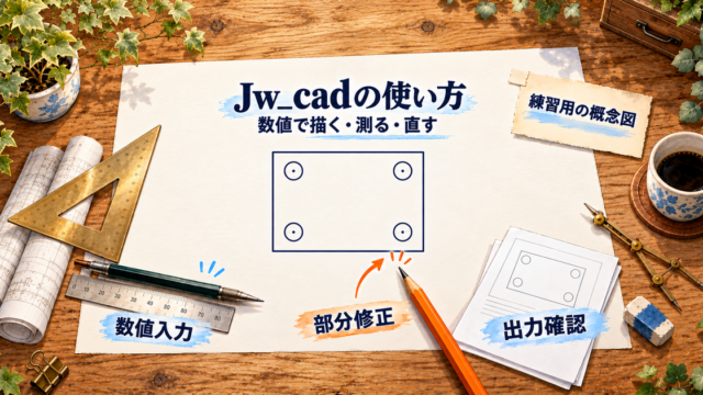 Jw_cadで四角形と4つの円を数値作図し、寸法確認と部分修正を学ぶ独自練習図