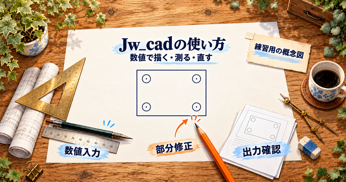 Jw_cadで四角形と4つの円を数値作図し、寸法確認と部分修正を学ぶ独自練習図