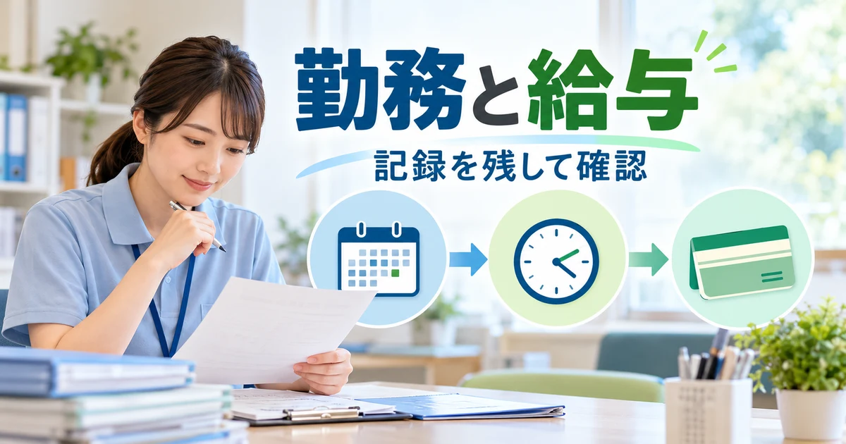 勤務と給与： 記録を残して確認を示す写真風の解説用生成画像