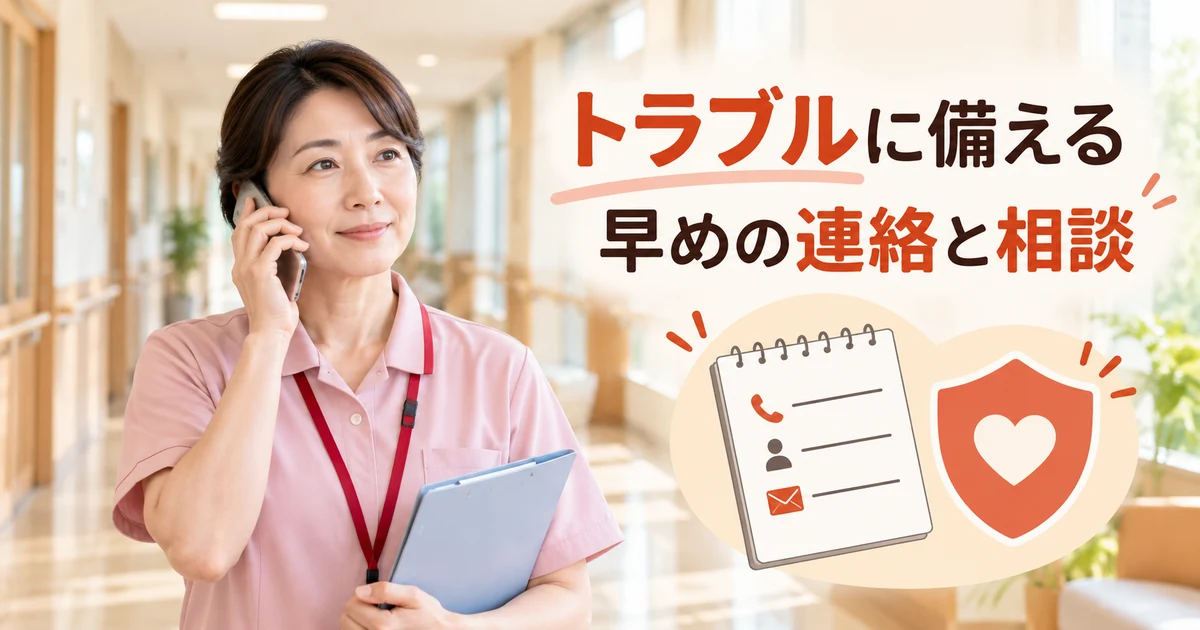 トラブルに備える： 早めの連絡と相談を示す写真風の解説用生成画像