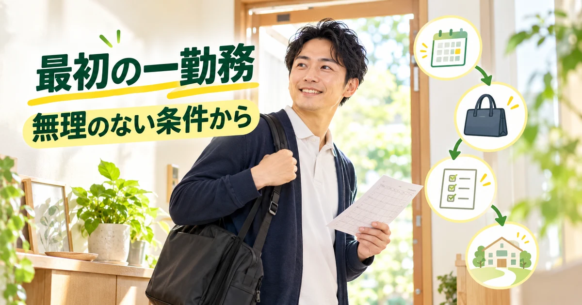最初の一勤務： 無理のない条件からを示す写真風の解説用生成画像