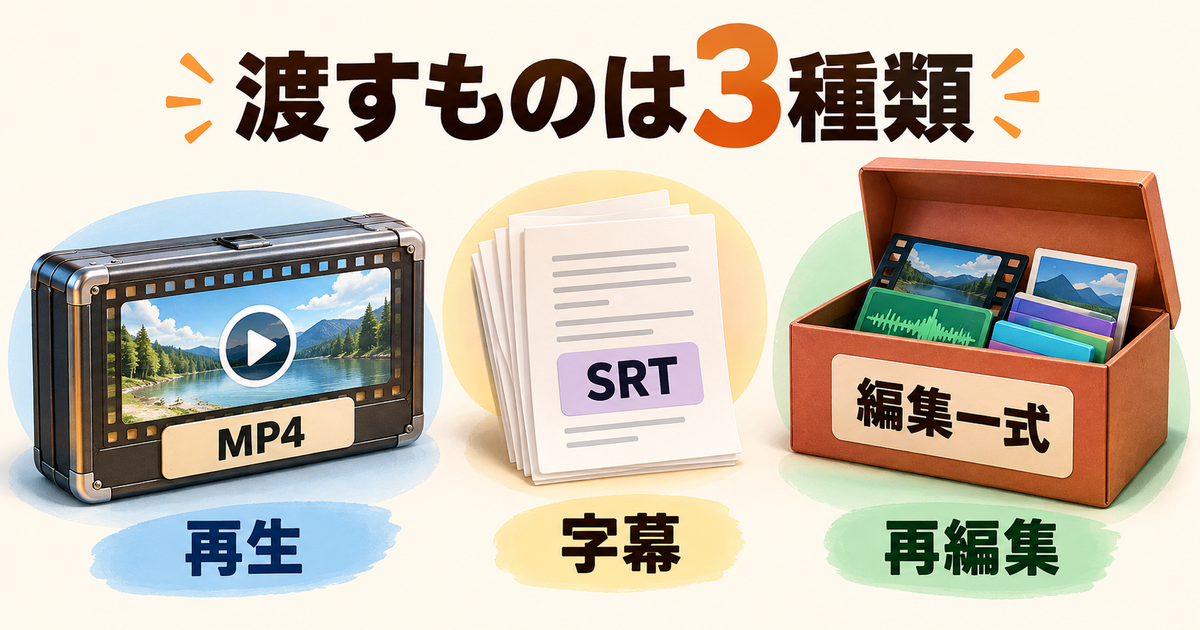 MP4・SRT・編集アーカイブの用途を分けた図