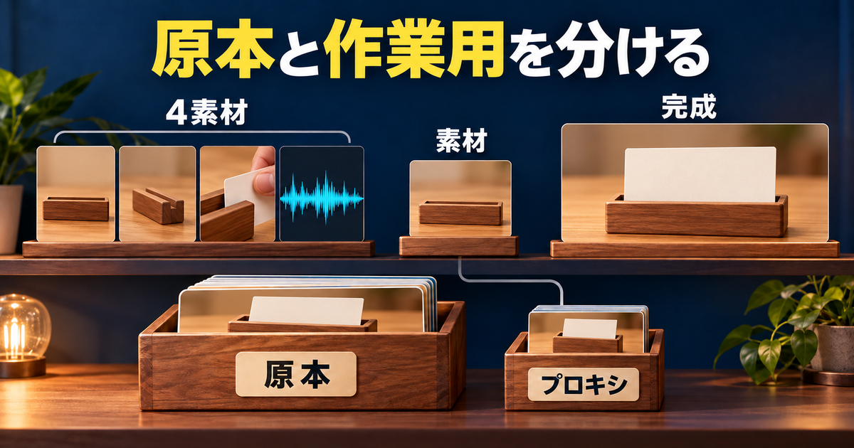 4素材と二つのモニター、原本とプロキシの関係図