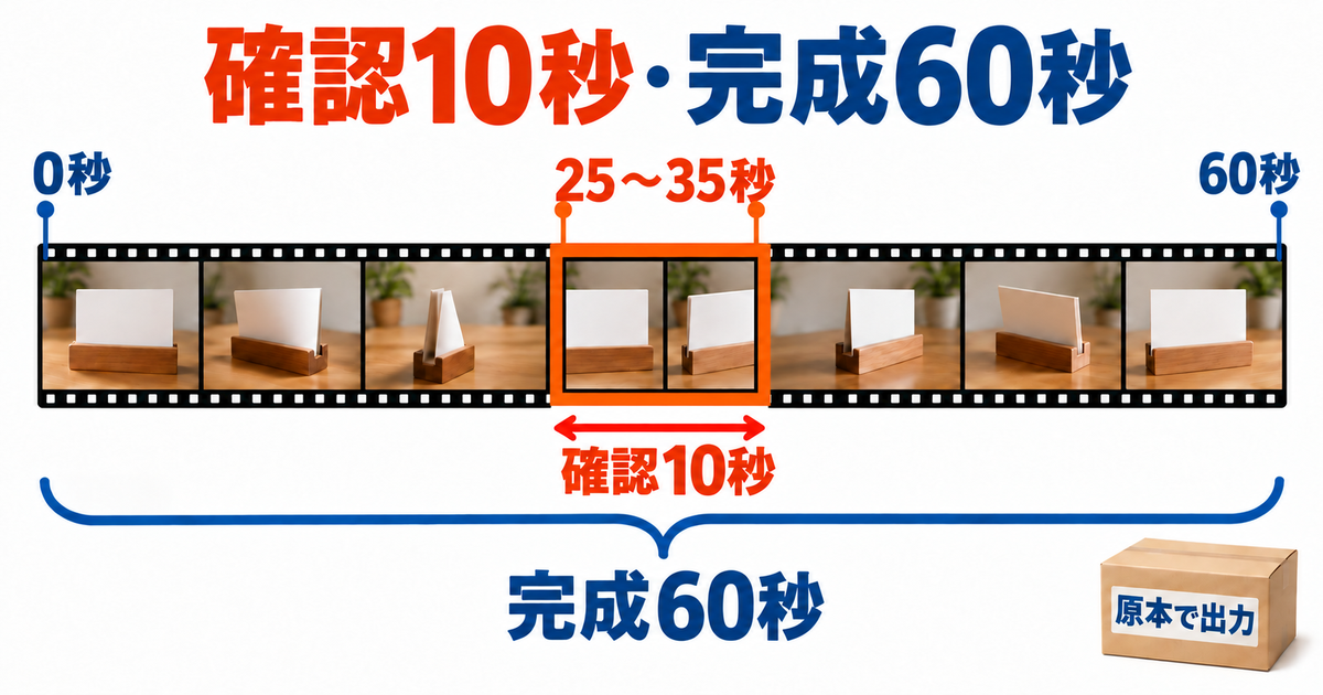 25〜35秒の確認区間と60秒完成動画を比べる図
