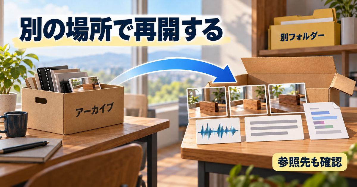 編集アーカイブを別フォルダーで展開し参照先を確認する図
