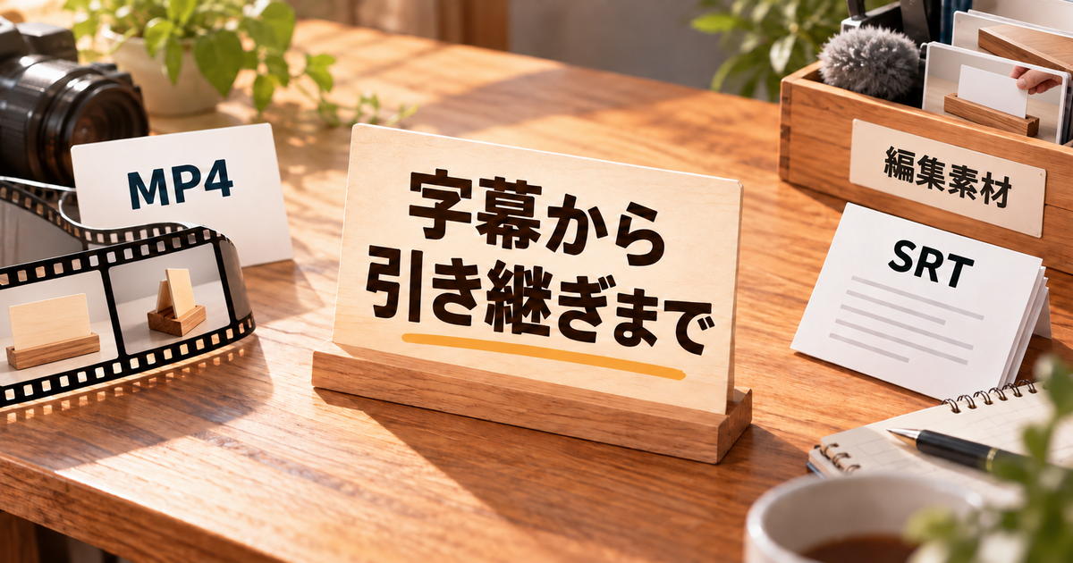 木製カード立ての映像と字幕、編集素材をまとめた図