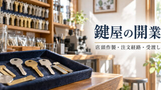 鍵と未加工材料のトレー、材料ラックを描いた架空の鍵屋の生成イメージ。実製品の形状見本ではありません