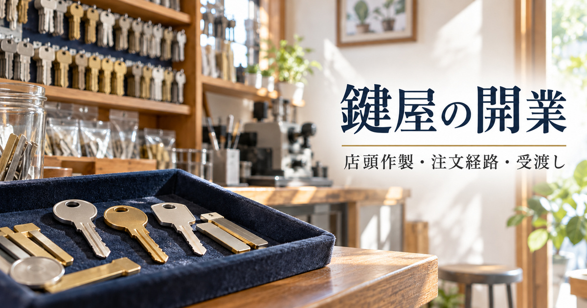 鍵と未加工材料のトレー、材料ラックを描いた架空の鍵屋の生成イメージ。実製品の形状見本ではありません