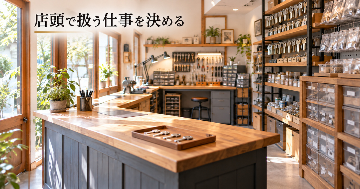 店頭カウンターと奥の作業台・材料収納の関係を考える、架空の店内イメージ