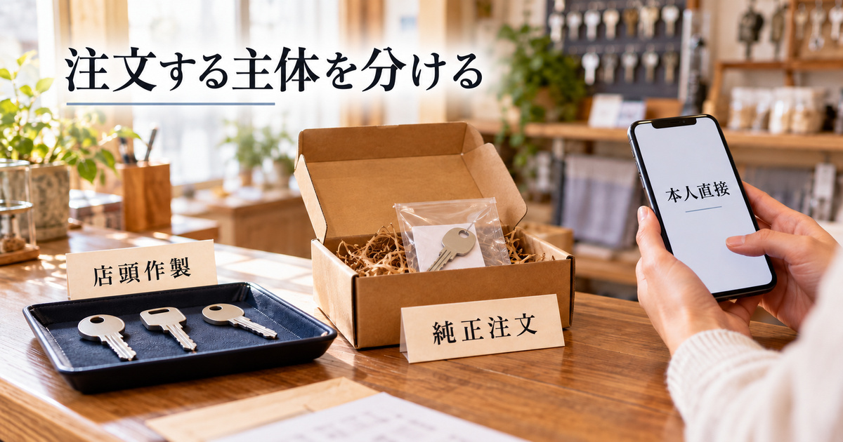 店頭作製・純正注文・本人直接の経路を、鍵と小包とスマートフォンで示す架空のイメージ
