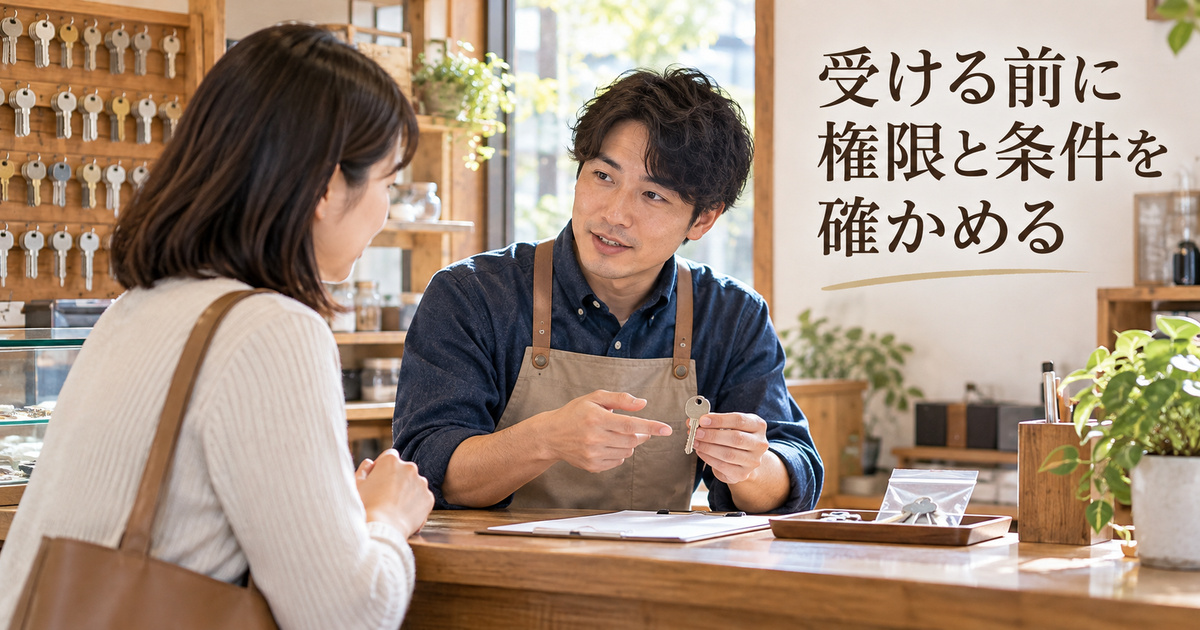 依頼の立場と受付条件を確認する、架空の鍵屋の接客イメージ。実際の鍵情報は使用していません