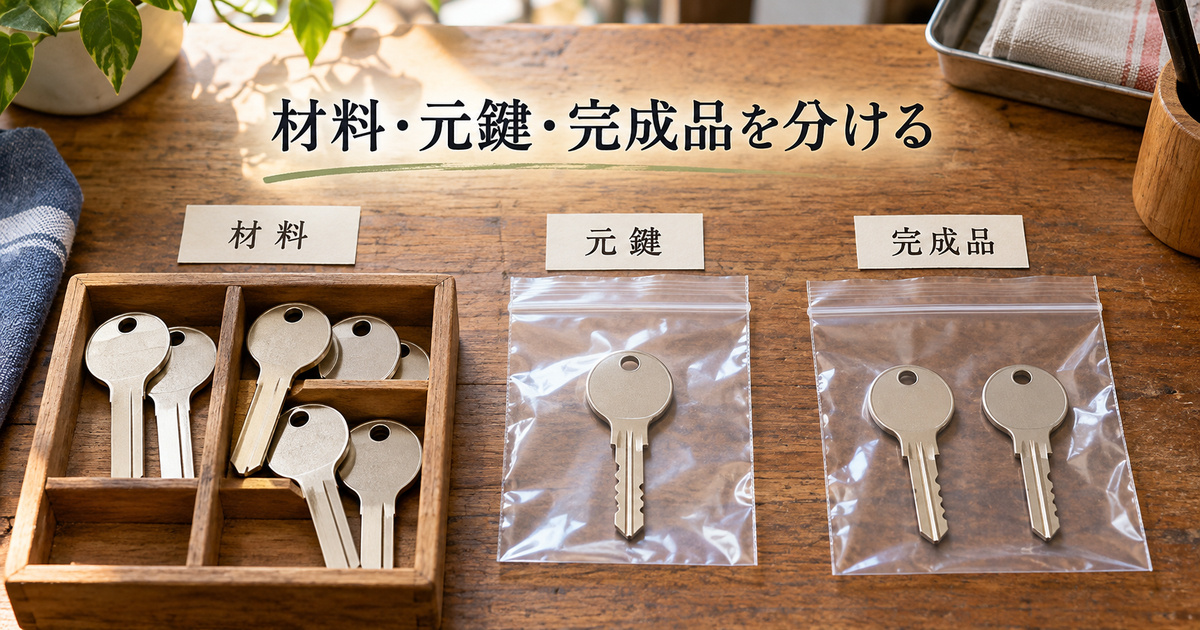 材料、元鍵一本、完成品二本を分ける架空の数量整理イメージ。加工技術の見本ではありません