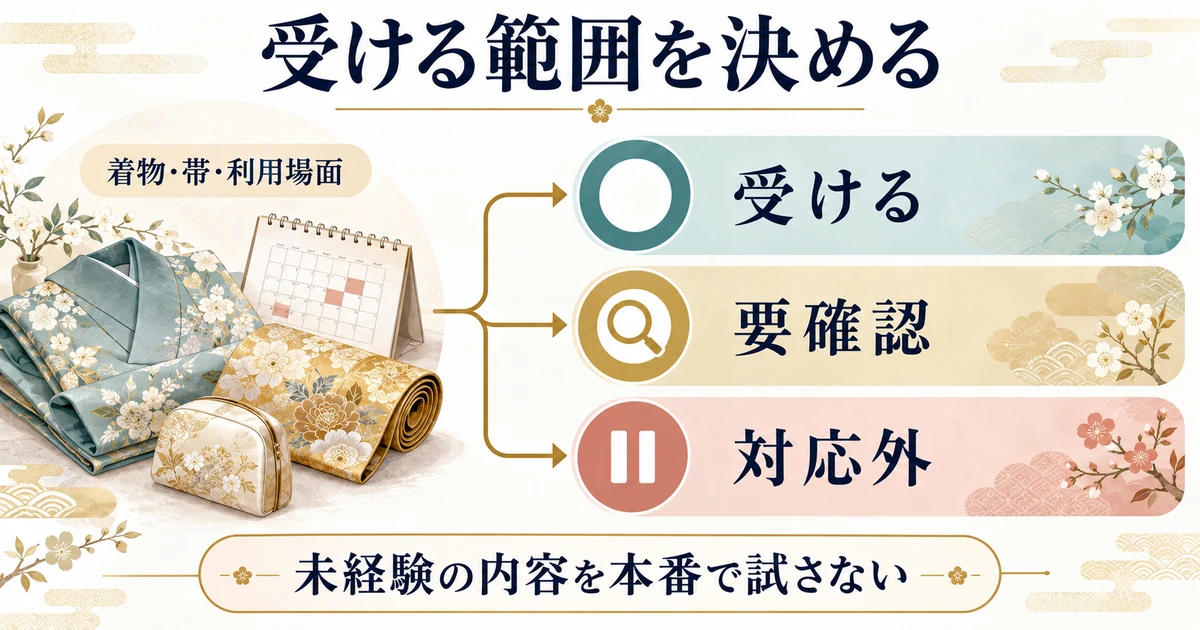 着物と帯と利用場面から、受ける・要確認・対応外に分ける担当範囲の整理
