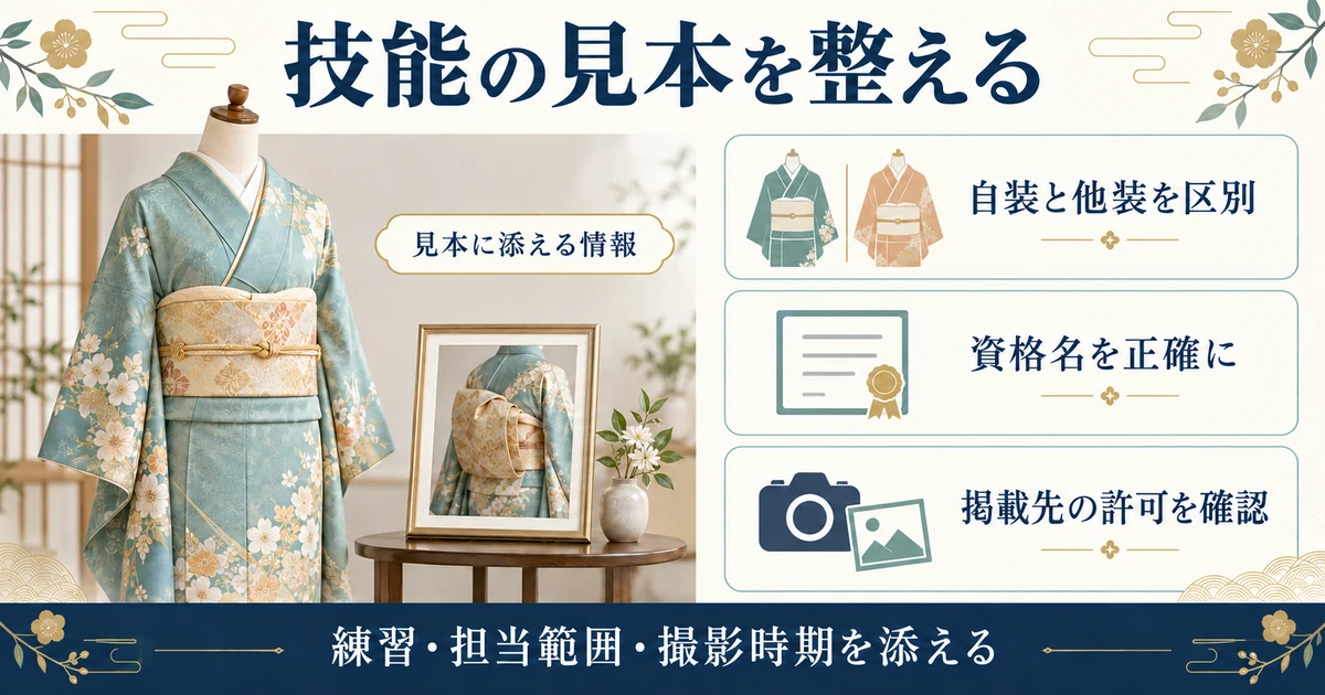 他装の技能見本、正確な資格表記、写真の公開許可を別々に確認する