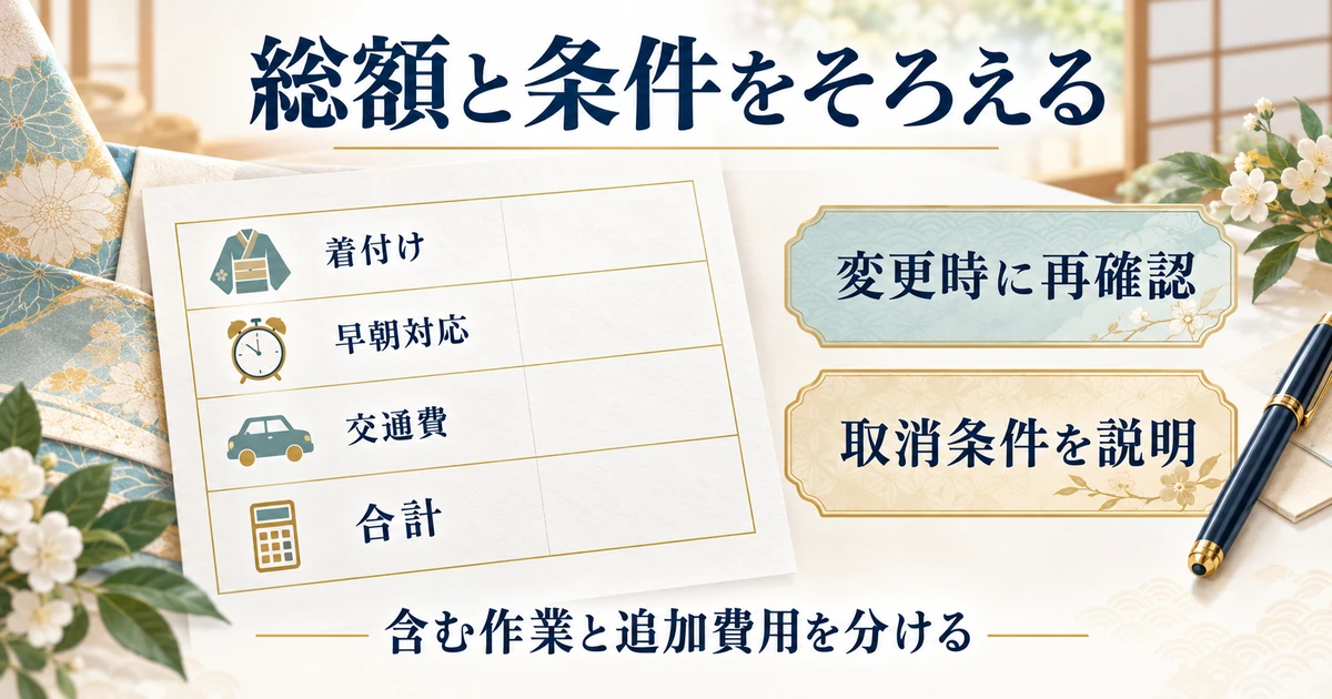 着付け料金、早朝対応、交通費、追加対応を分けて総額と変更条件を示す