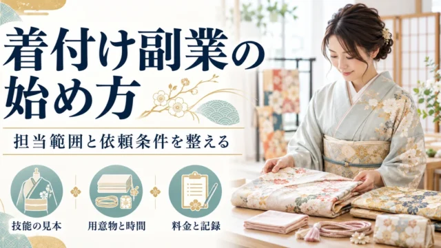 着付け副業で担当範囲と依頼条件を整え、技能の見本・用意物と時間・料金と記録を確認するイメージ