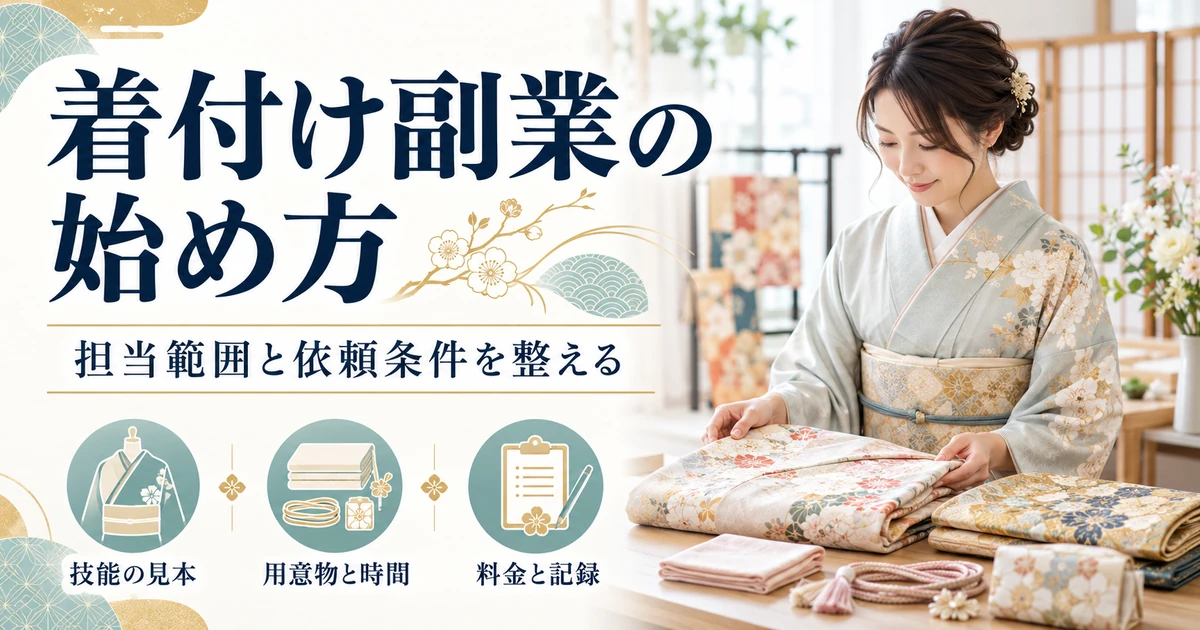 着付け副業で担当範囲と依頼条件を整え、技能の見本・用意物と時間・料金と記録を確認するイメージ