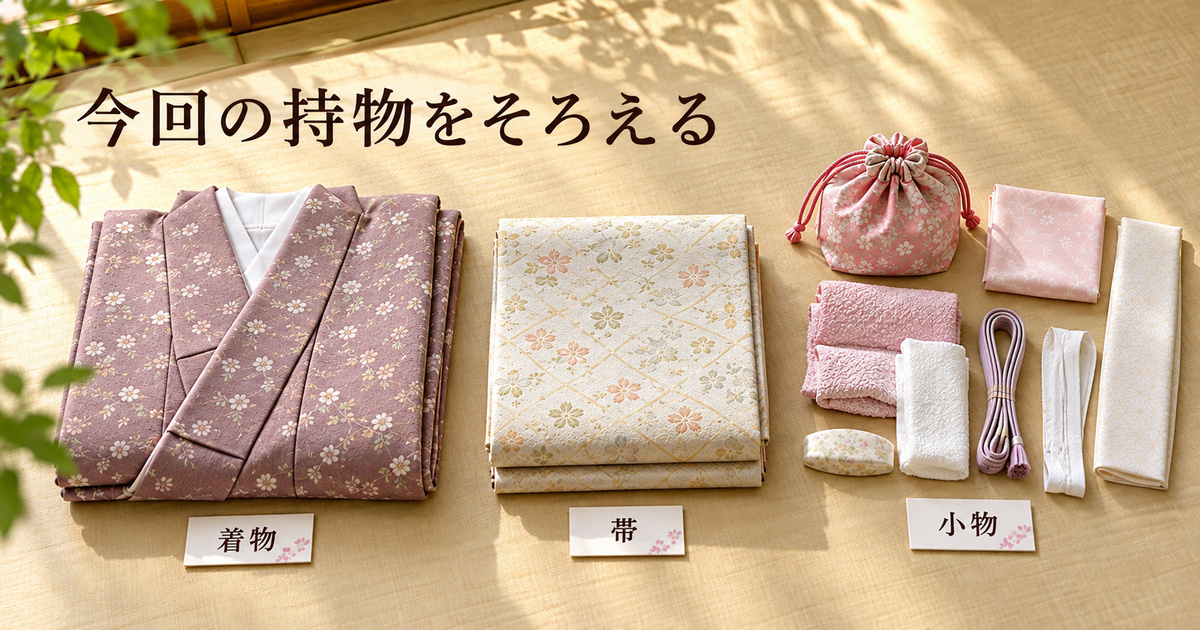 今回の練習に使う着物・帯・小物を分けた架空の生成イメージ