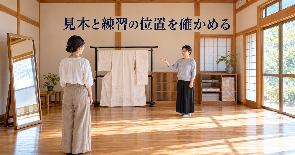 見本を見る位置と自分で練習する位置を、洋服姿で確かめる架空の会場イメージ