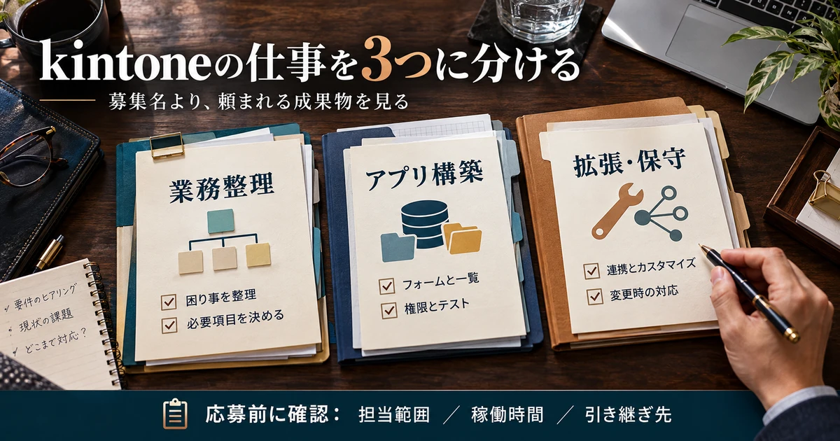 kintone副業を業務整理、アプリ構築、拡張・保守に分け、成果物と応募前の確認を示す生成画像