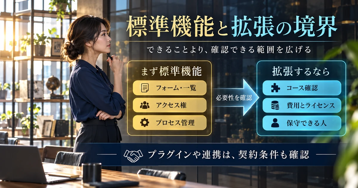 フォーム・一覧、アクセス権、プロセス管理と、拡張時のコース・費用・保守の確認を比較する生成画像