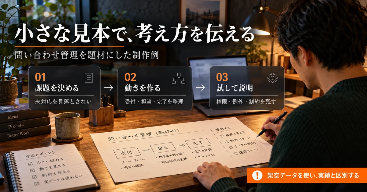 架空の問い合わせ管理を題材に、課題設定、構築、権限や例外の検証を順に示す生成画像
