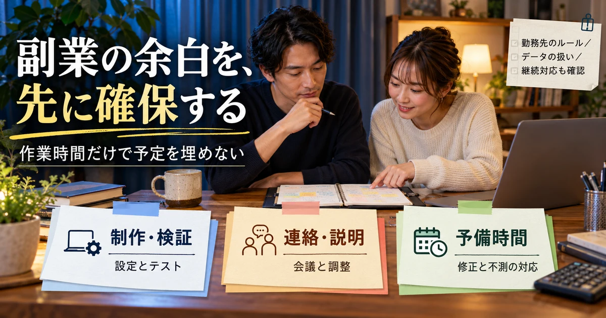 副業の予定に制作・検証、連絡・説明、予備時間を含める考え方を示す生成画像